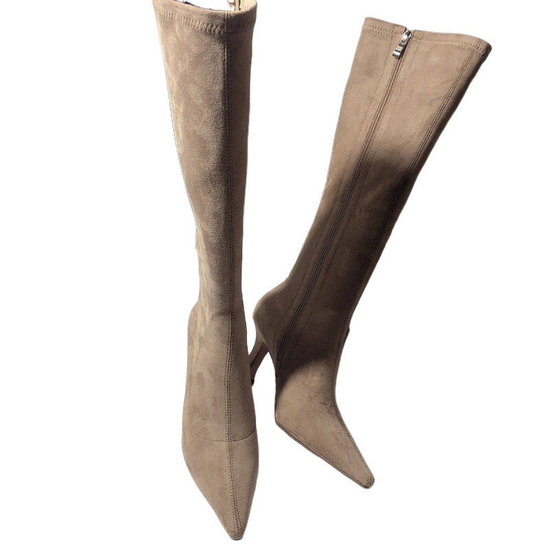 Men's Simple Below The Knee Stretch Frosted Skinny Side Zipper Women's Leather Boots