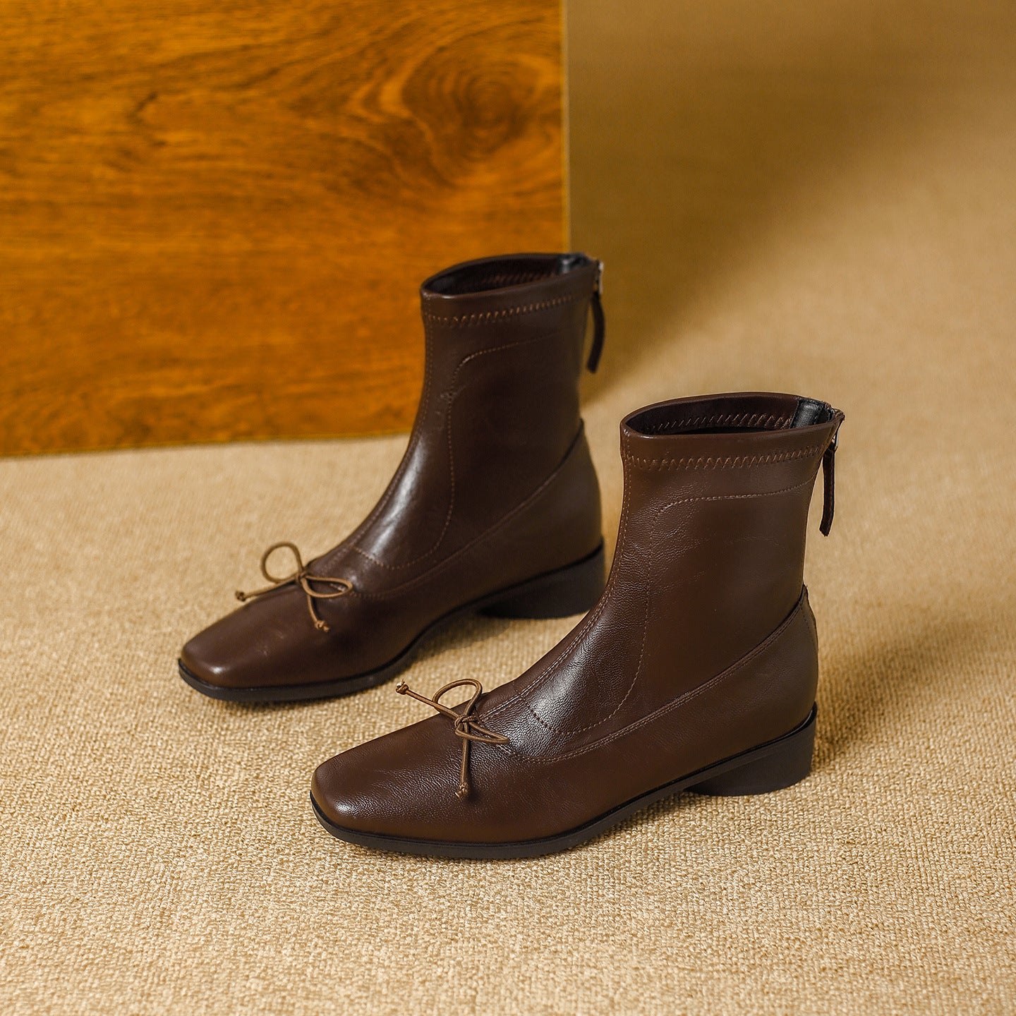 Women's Square Toe Booties Back Zip Soft Stretch Thin Women's Leather Boots
