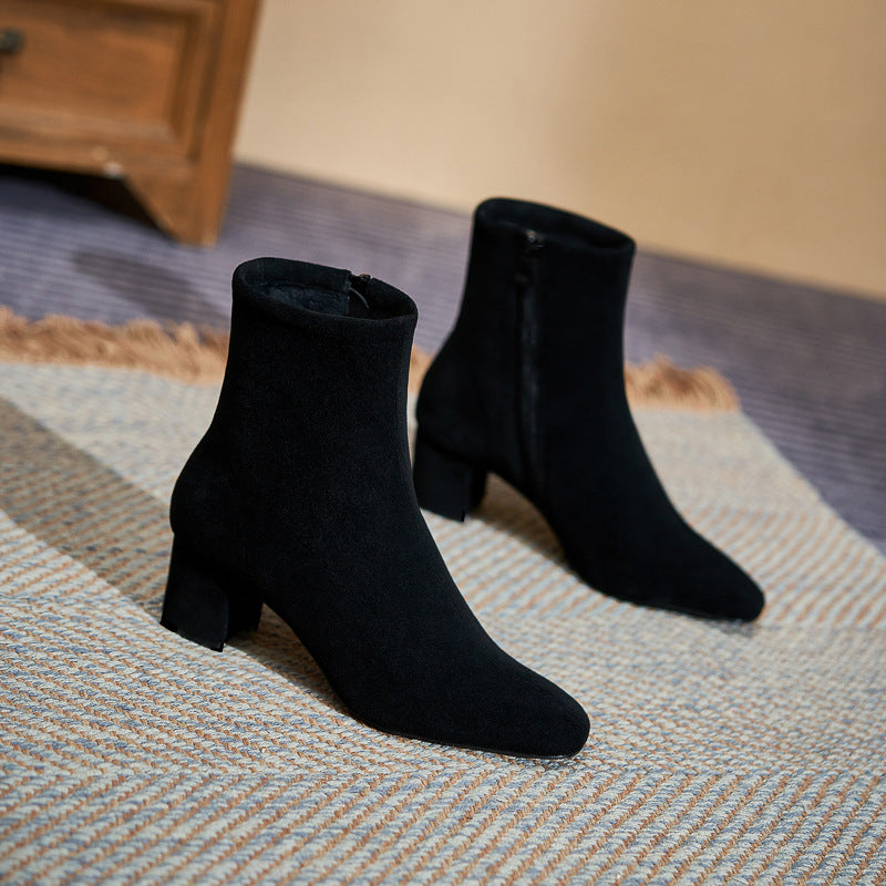 Women's Square Toe Chunky Ankle Large Size High Plus Sizes Women's Leather Boots