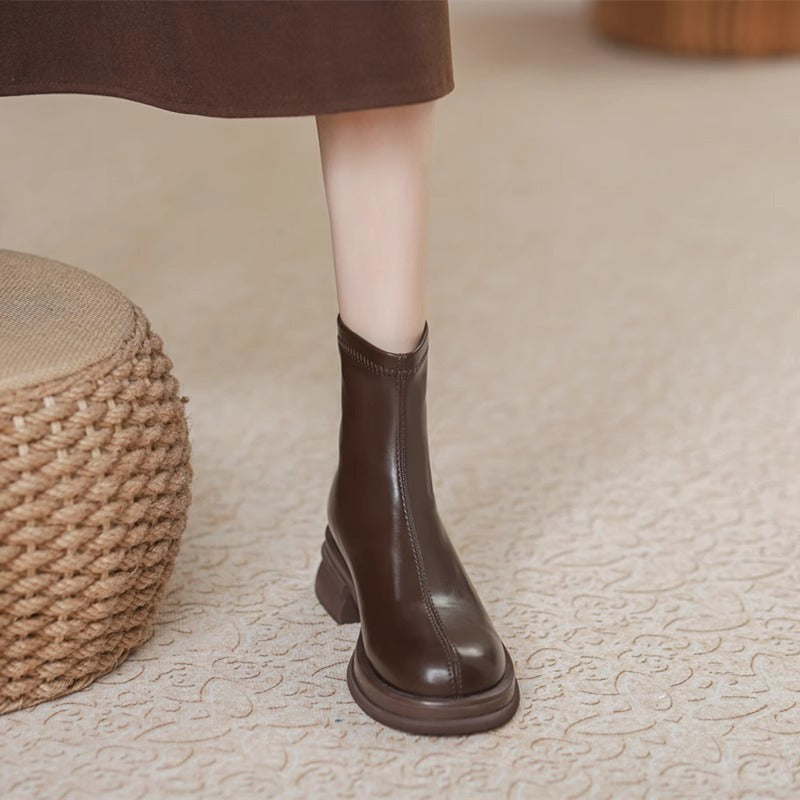 Women's Brown Thick Sole Short Thin British Boots