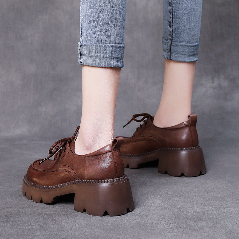 Women's Grain Cow Chunky Thick Bottom Four Pumps Loafers