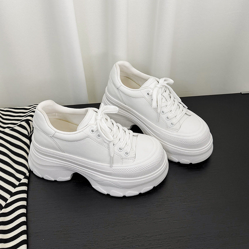 Women's Round Toe Cowhide Platform Height Increasing Super Women's Board Shoes