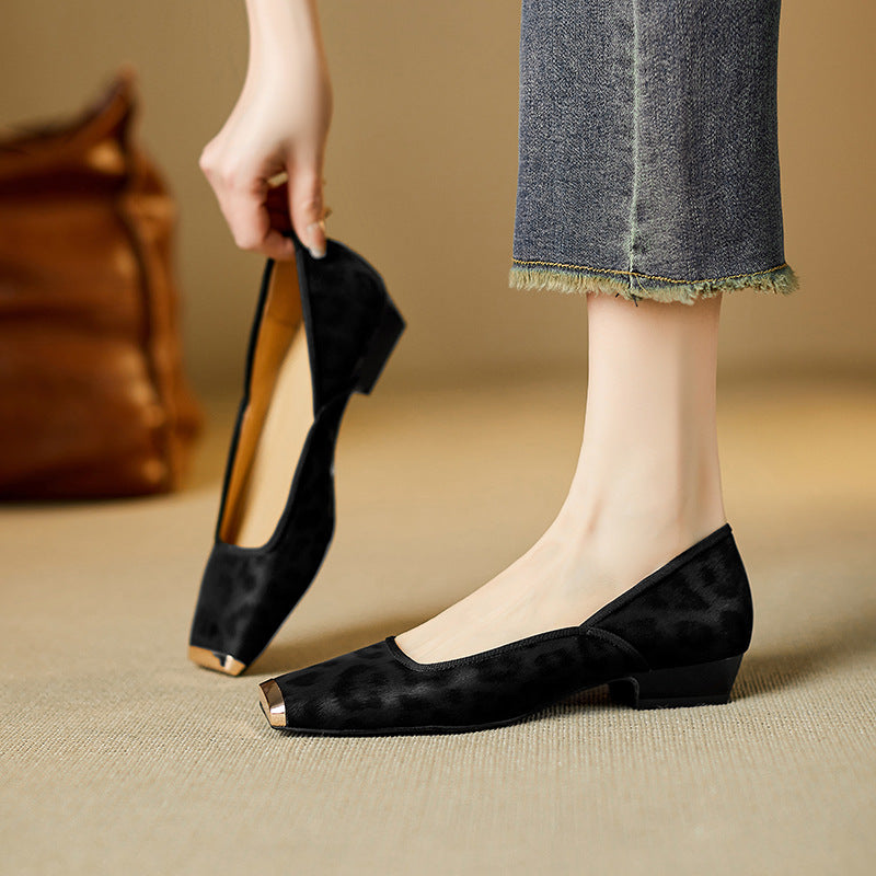 Women's Print Metal Square Toe Low Genuine Temperament Women's Fashion Shoes