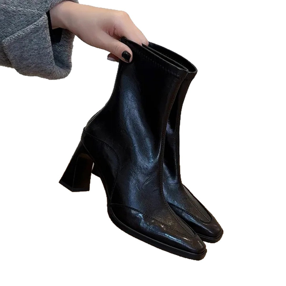 Women's High Square Toe Skinny Short Chunky Women's Leather Boots