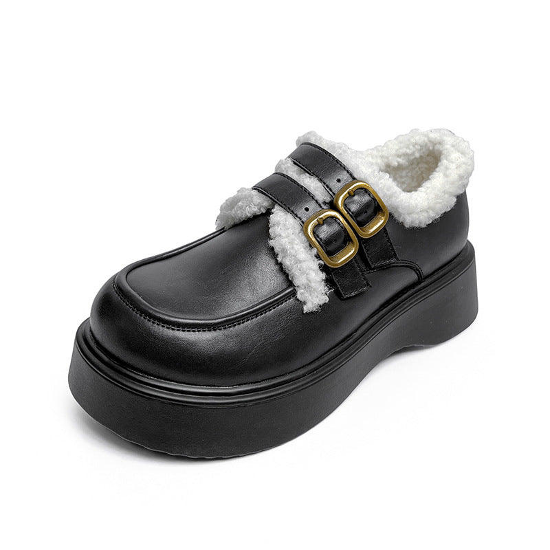 Women's Foot Beauty Power Fleece-lined Round Head Leather Shoes