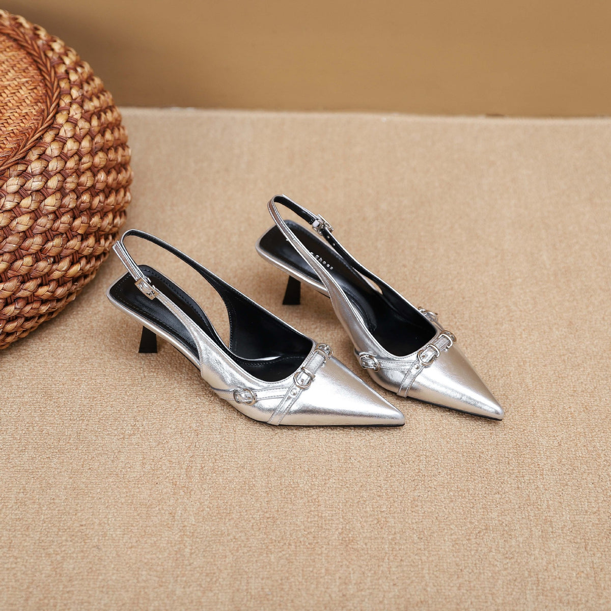 Women's Style Toe Cap Stilettos Pumps Belt Decorative Pointed Slingback Heels