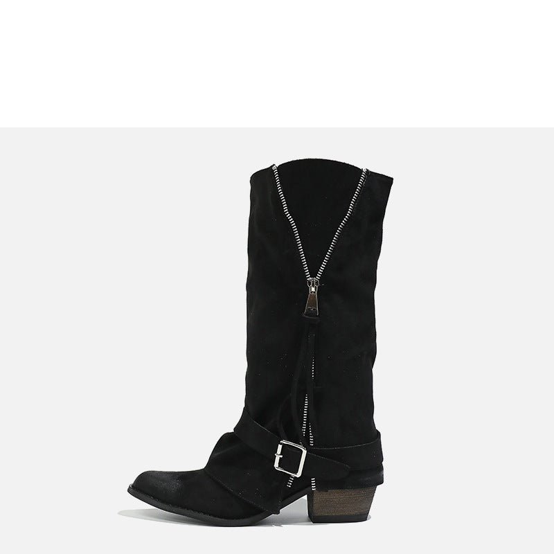 Women's Design Sense Niche Pointed Tassel Chunky Pantyhose Retro Women's Leather Boots