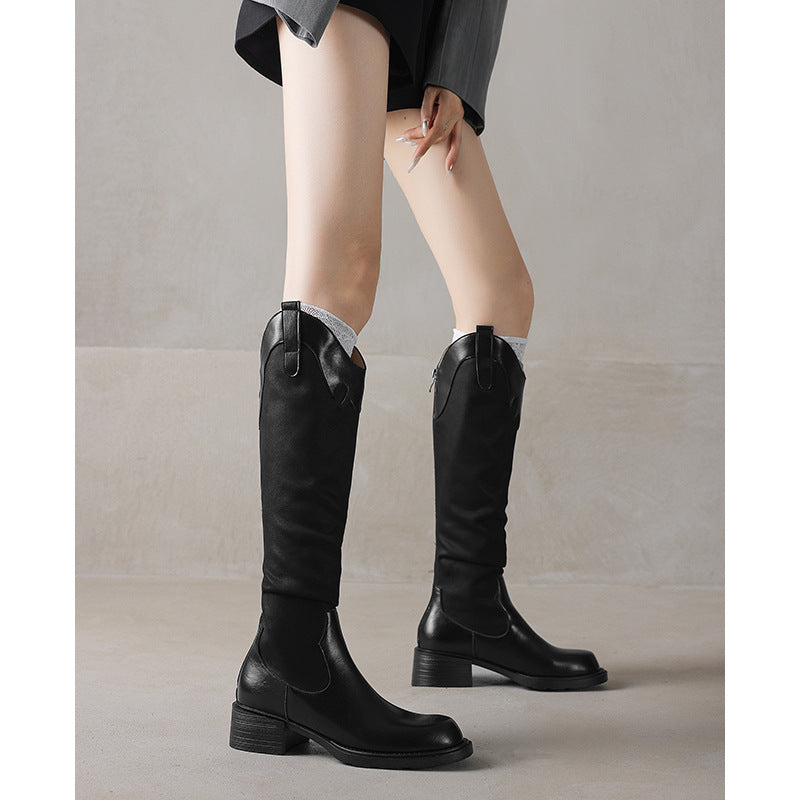 Women's American Retro Chunky Western Cowboy Riding Plus Veet Women's Leather Boots