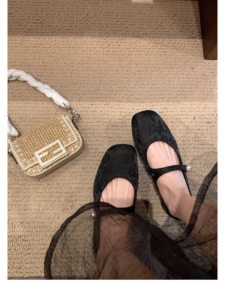 Women's Pearl With Square Head Jacquard Mary Women's Shoes