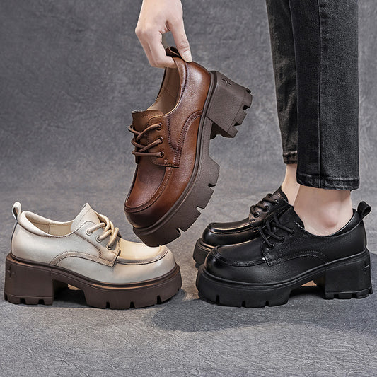 Women's Cowhide Authentic Platform Thick Bottom Lace Casual Shoes