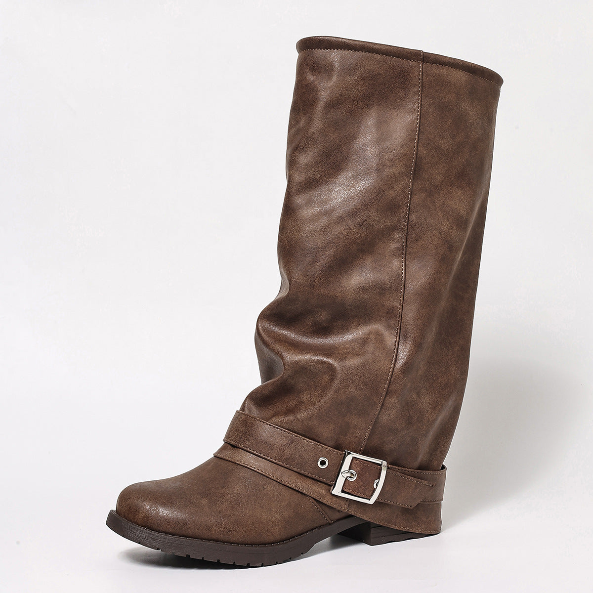Women's Ankle Female Slip-on Round Head Knight Knee-high Belt Buckle Western Women's Leather Boots