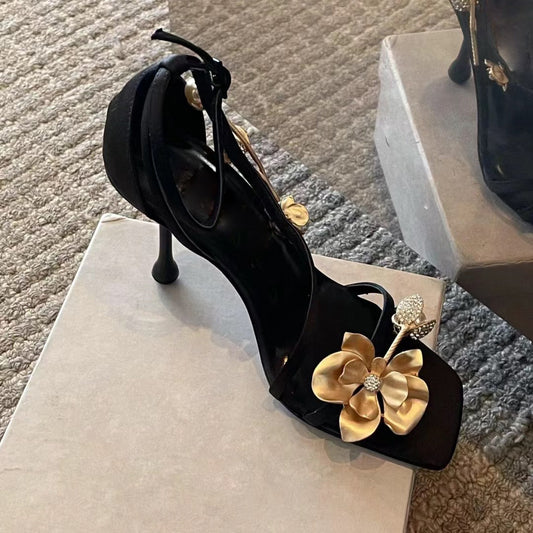 Women's Golden Orchid Strap Square Toe Stiletto Water Drop Fashion Banquet High Heeled Sandals