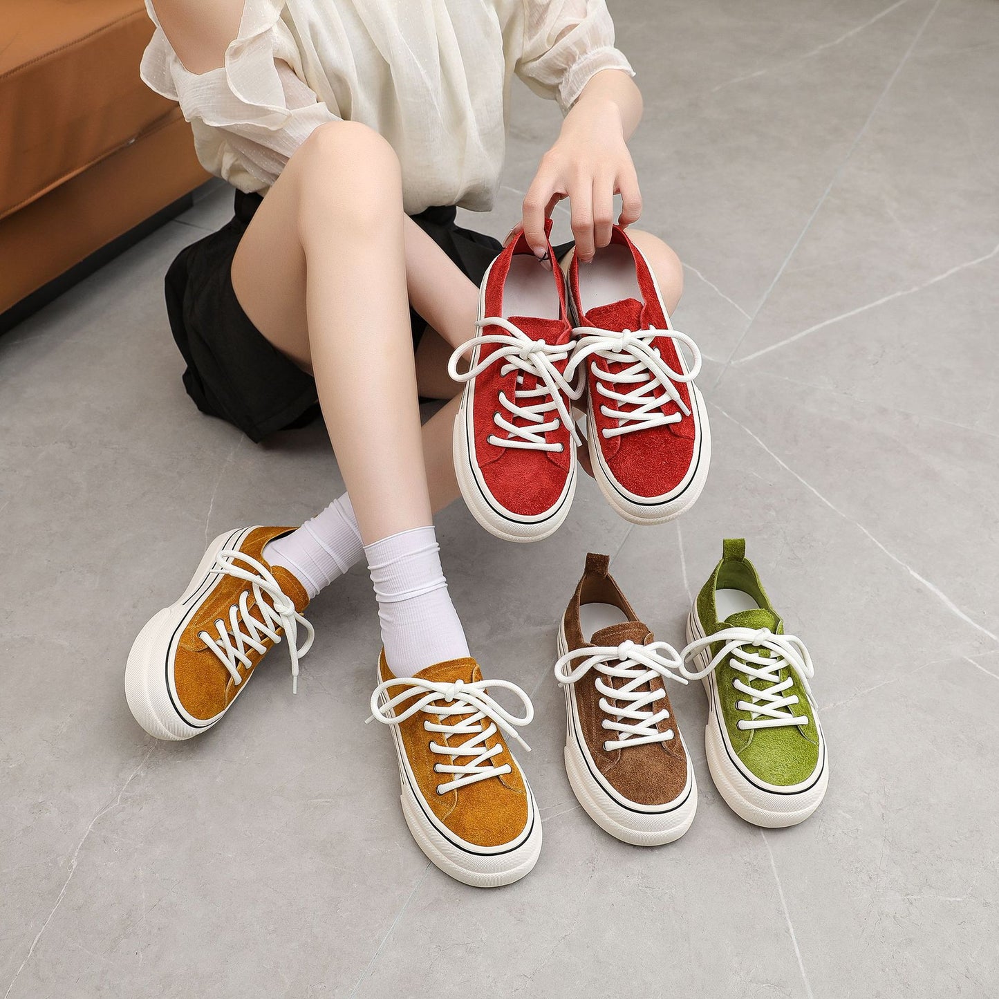 Women's Frosted Cowhide Board Summer Round Toe Retro Women's Casual Shoes