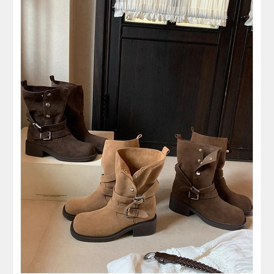 Increasing Chunky Platform Buckle Cow Suede High-heeled With Short Tube Heels