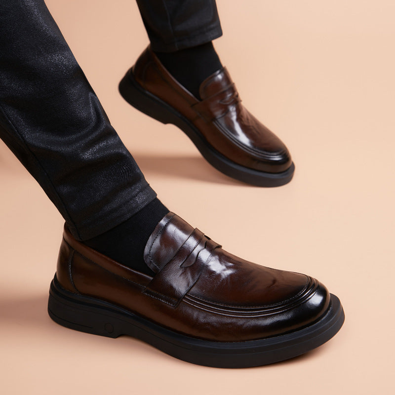 Men's Wedding Interview Round Head Thick Bottom British Men's Business Leather Shoes
