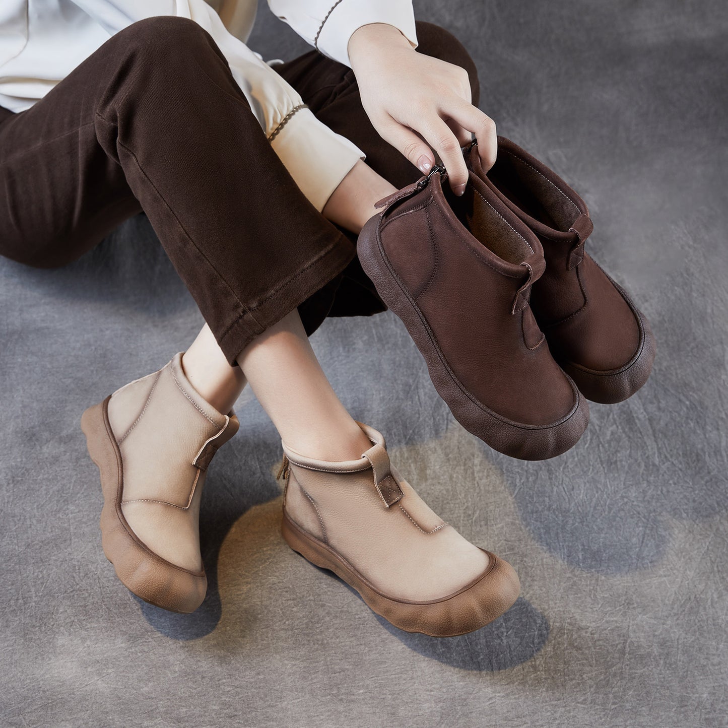 Women's Autumn First Layer Cowhide Comfortable Mom Rear Zipper Boots