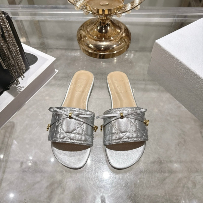Quality Summer Electric Embroidery Rattan Plaid Bow Open Toe Flat Slippers
