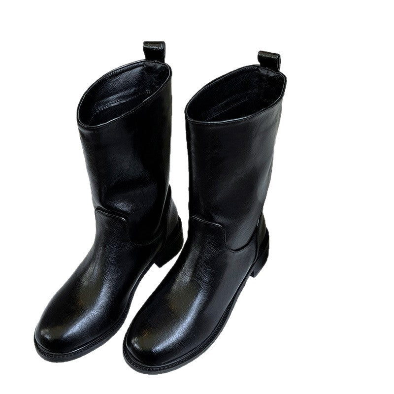Round Toe Sleeve Smoke Pipe Autumn Versatile Soft Knight Women's Leather Boots