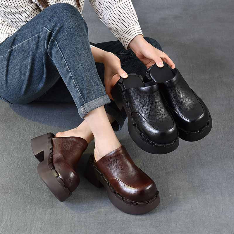 With First Layer Of Cowhide Retro Platform For Outer Thick-soles Slippers