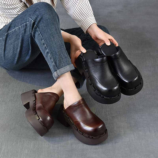 With First Layer Of Cowhide Retro Platform For Outer Thick-soles Slippers