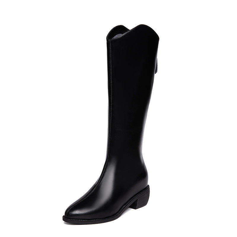 Small Pointed Toe Knight Female Autumn Fleece-lined With Hidden Slimming Women's Leather Boots