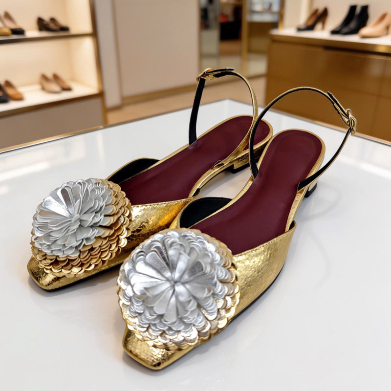 Women's Classic Style Camellia Flower Square Toe Bottom Buckle Strap Elegant Flat Sandals