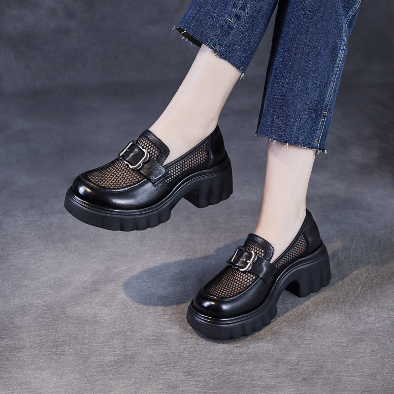 Women's Mesh Surface Platform Breathable Slip-on Leather Shoes