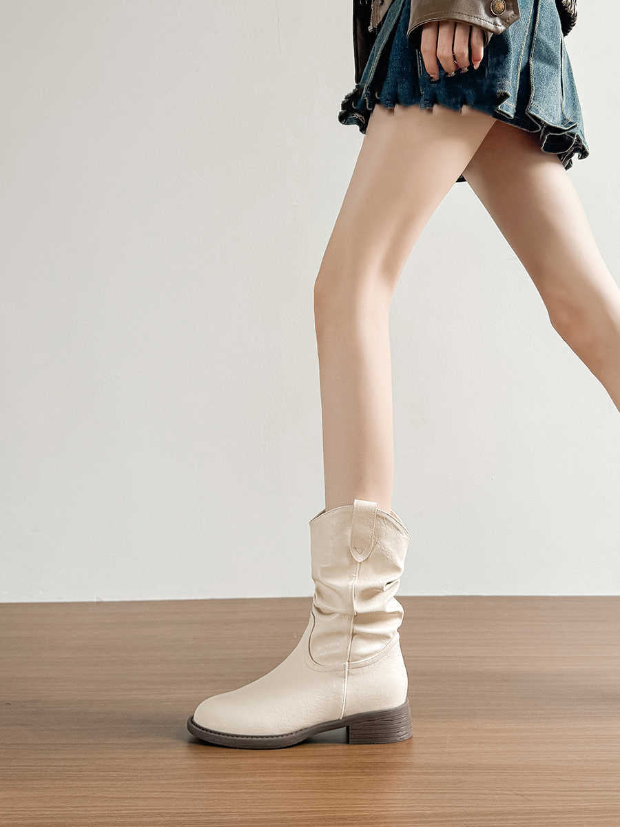 Women's Retro White Ankle Chunky Pleated Pile Style Hight Increasing Women's Leather Boots