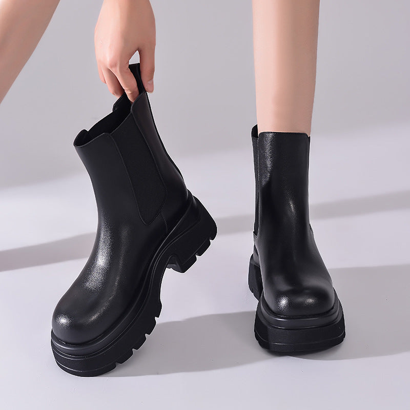 Women's Chunky Thick Bottom Single Chelsea Black Smoke Pipe Boots