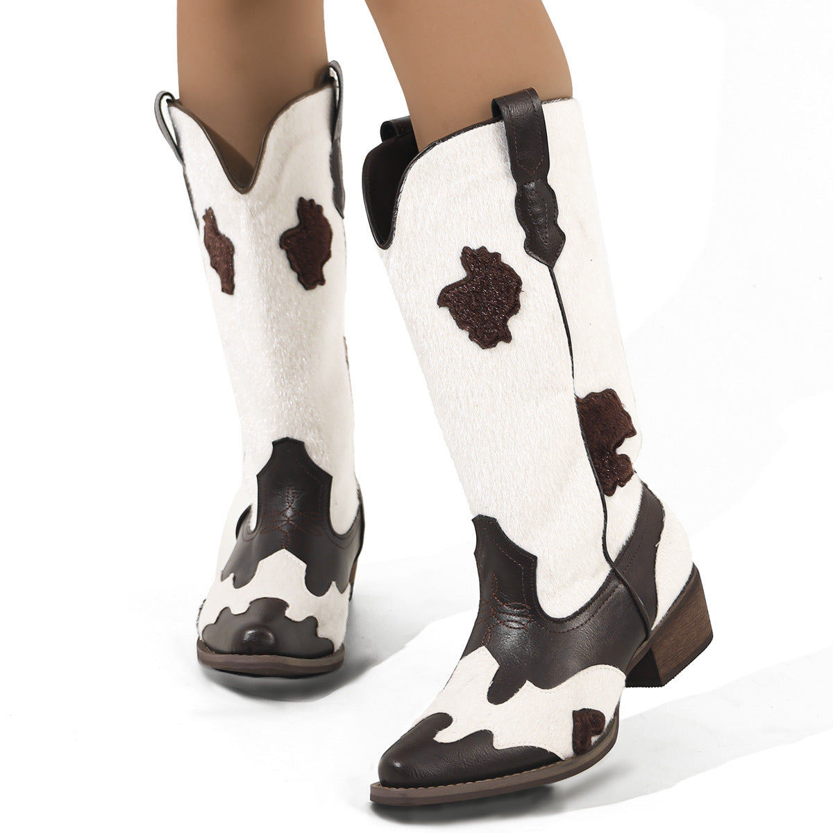 Women's Fashion Pointed Toe With Chunky Large Embroidery Women's Leather Boots