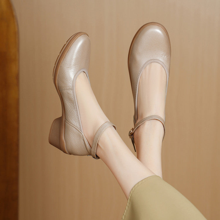 Women's Sheepskin Round Toe Pumps Mid Chunky Retro Buckle Strap Shallow Women's Fashion Shoes