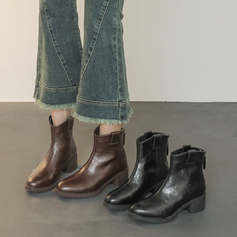 Women's Soft Bottom Chunky Short Commuter Thin Women's Leather Boots