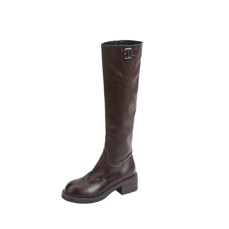 Retro Platform Knight High Pleated Soft Tube Widened Long Women's Leather Boots