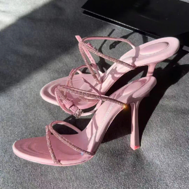 Women's Pink Stiletto Sexy Open Toe Rhinestones High Heeled Sandals