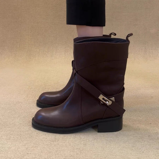 Style Round Toe Belt Lock Daily Chunky Ankle Graceful Fashion Women's Leather Boots