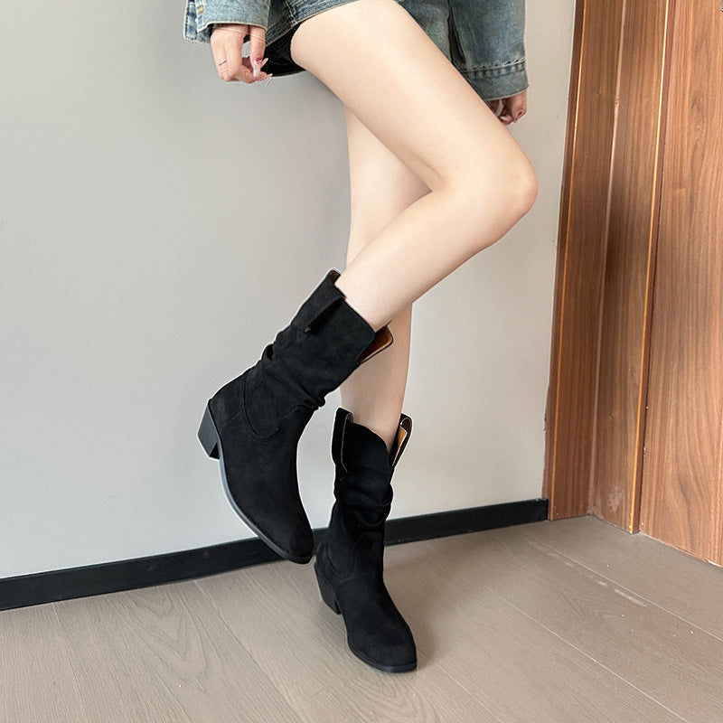 Women's Retro Fashion Cowboy Pointed Toe Chunky Pleated Pile Style Short Women's Leather Boots