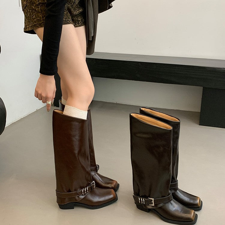 Retro Brushed Martin Female Square Toe Distressed Metal Women's Leather Boots