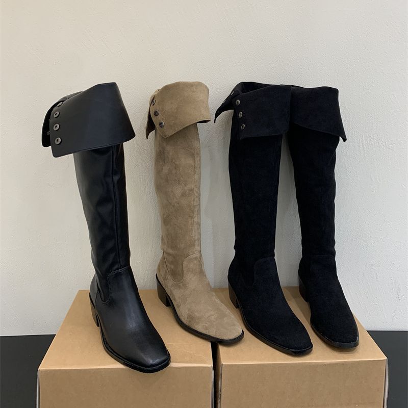 Style Large Tube Circumference Thick Below The Knee Rivet Soft Women's Leather Boots