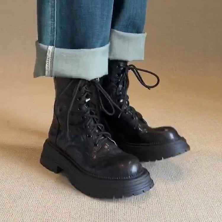 Women's Martin For British Style Round Toe Side Zipper Ankle Women's Leather Boots