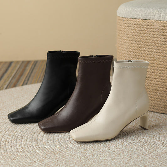 Women's Toe Chunky Mid Side Zipper Short Boots