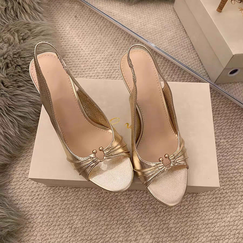 Surface Metal Decorative Button Peep Toe Stiletto Baring Outer High Heeled Sandals