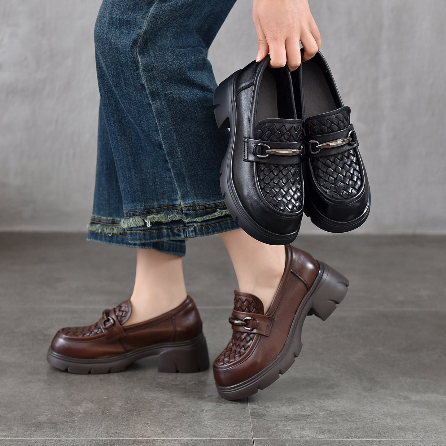 Women's Lightweight Platform Round Toe Genuine Commuter Cowhide Men's Shoes