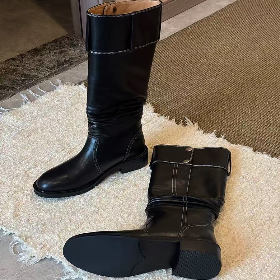 Version Black Vintage Button High Female Below The Knee Pleated Boots