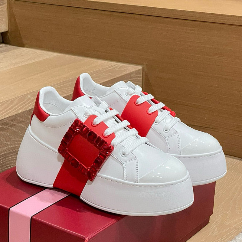 Women's Thick-soled High-rise Square Buckle Diamond White Genuine Platform Women's Casual Shoes