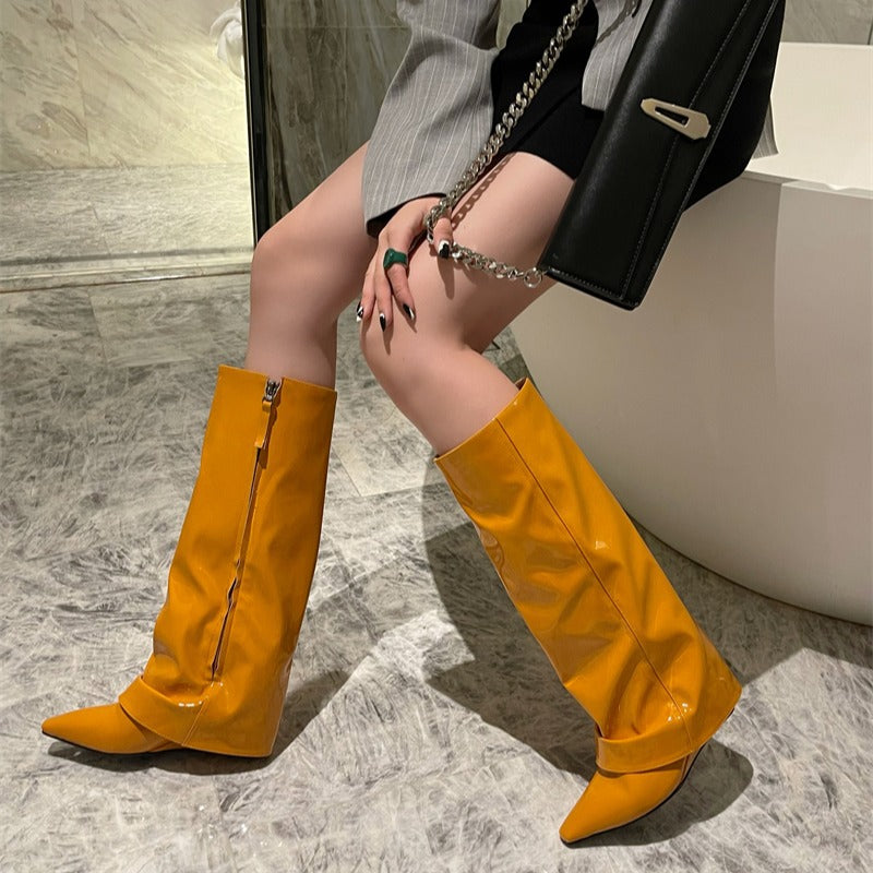 Women's Niche Slope High-heeled Thigh Black Thin Women's Leather Boots