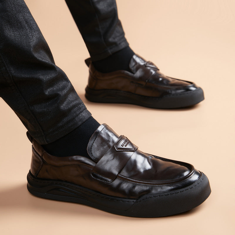 Men's Cowhide Lightweight Soft Sole Retro Slip-on Genuine Breathable Men's Business Leather Shoes