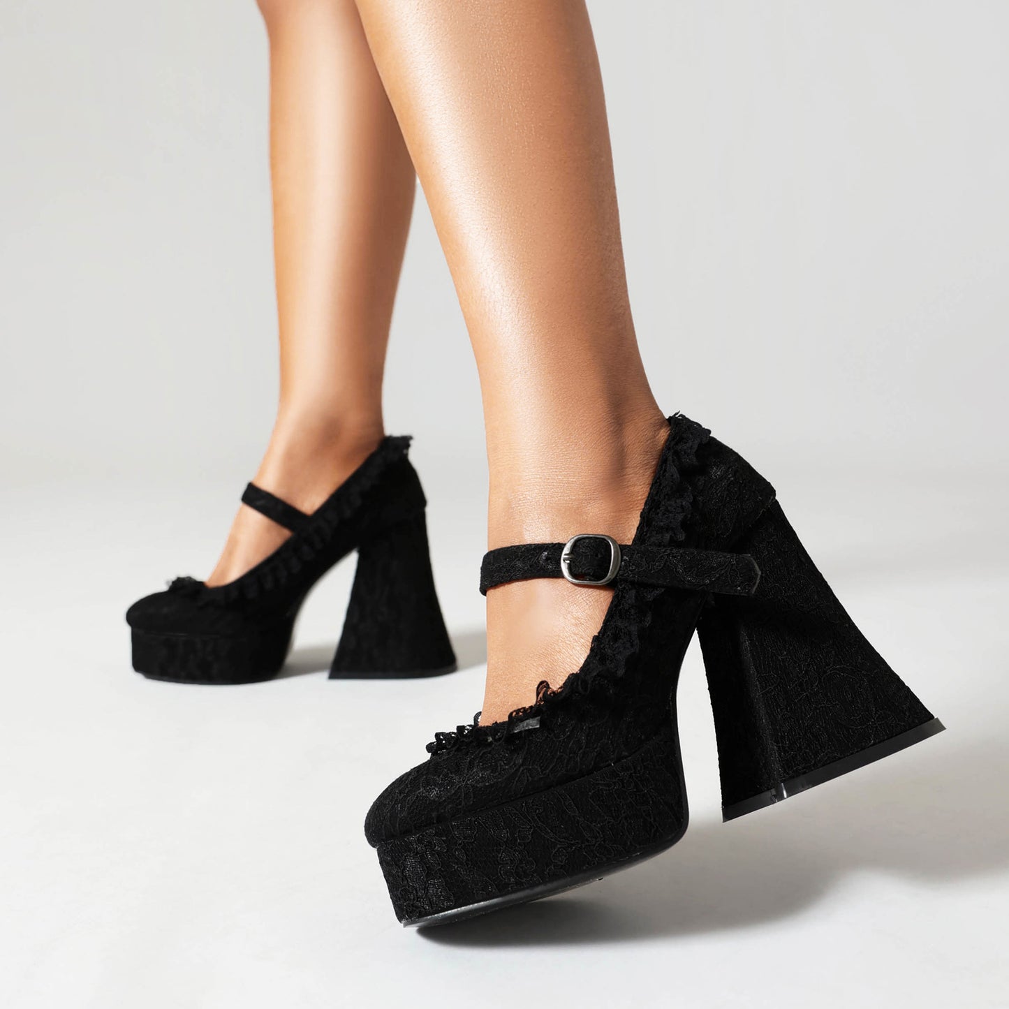 Waterproof Platform High Elegant Thick Bottom Lace Edge Mary Jane Heels
