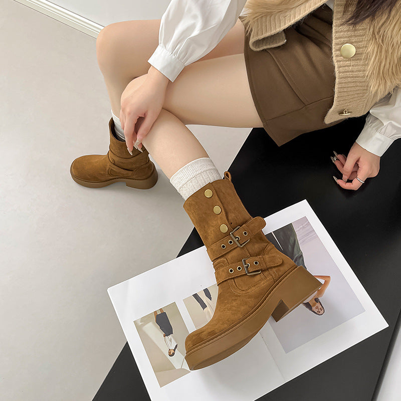 Women's Thick-soled British Style Martin Slim Pile Women's Leather Boots