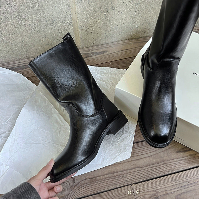 Round Toe Sleeve Smoke Pipe Autumn Versatile Soft Knight Women's Leather Boots