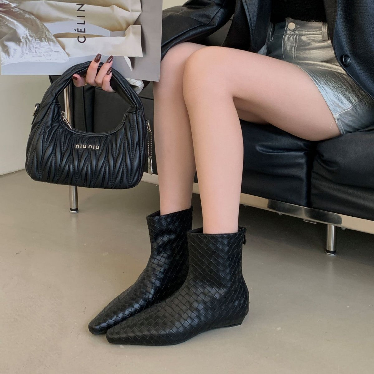 Women's Square Head Woven Loose Sleeve Wedge Short Boots
